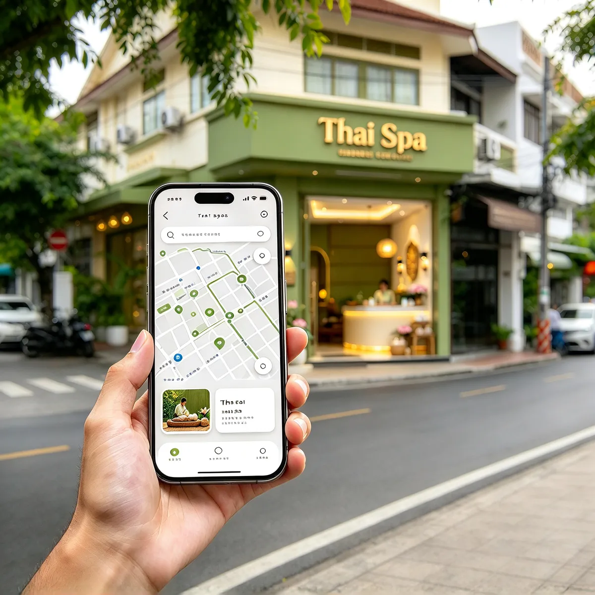 ภาพประกอบ: มือถือแสดงแผนที่ค้นหาร้านสปาไทยใกล้ตัว โดยมีร้านสปาหน้าอาคารสีเขียวอ่อนอยู่ด้านหลัง